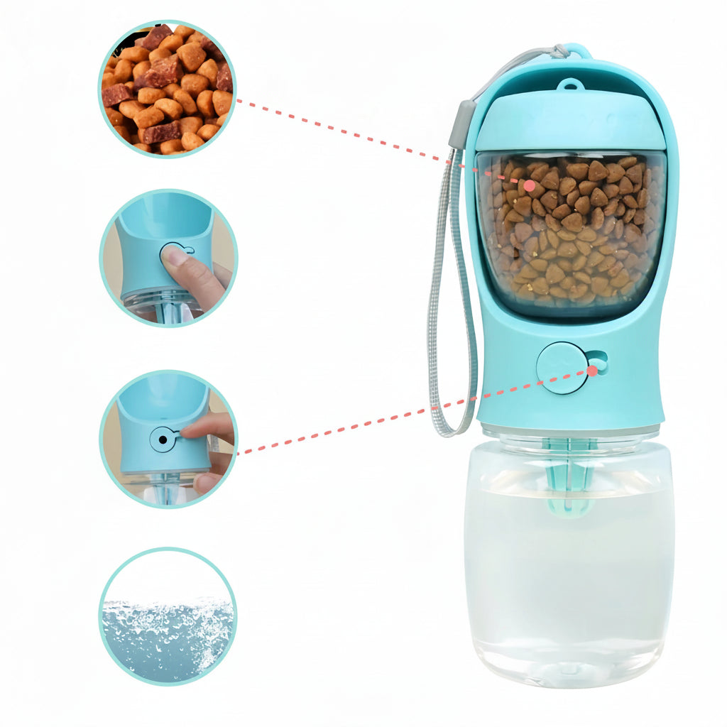 Blue pet water bottle with food storage compartment on a white background